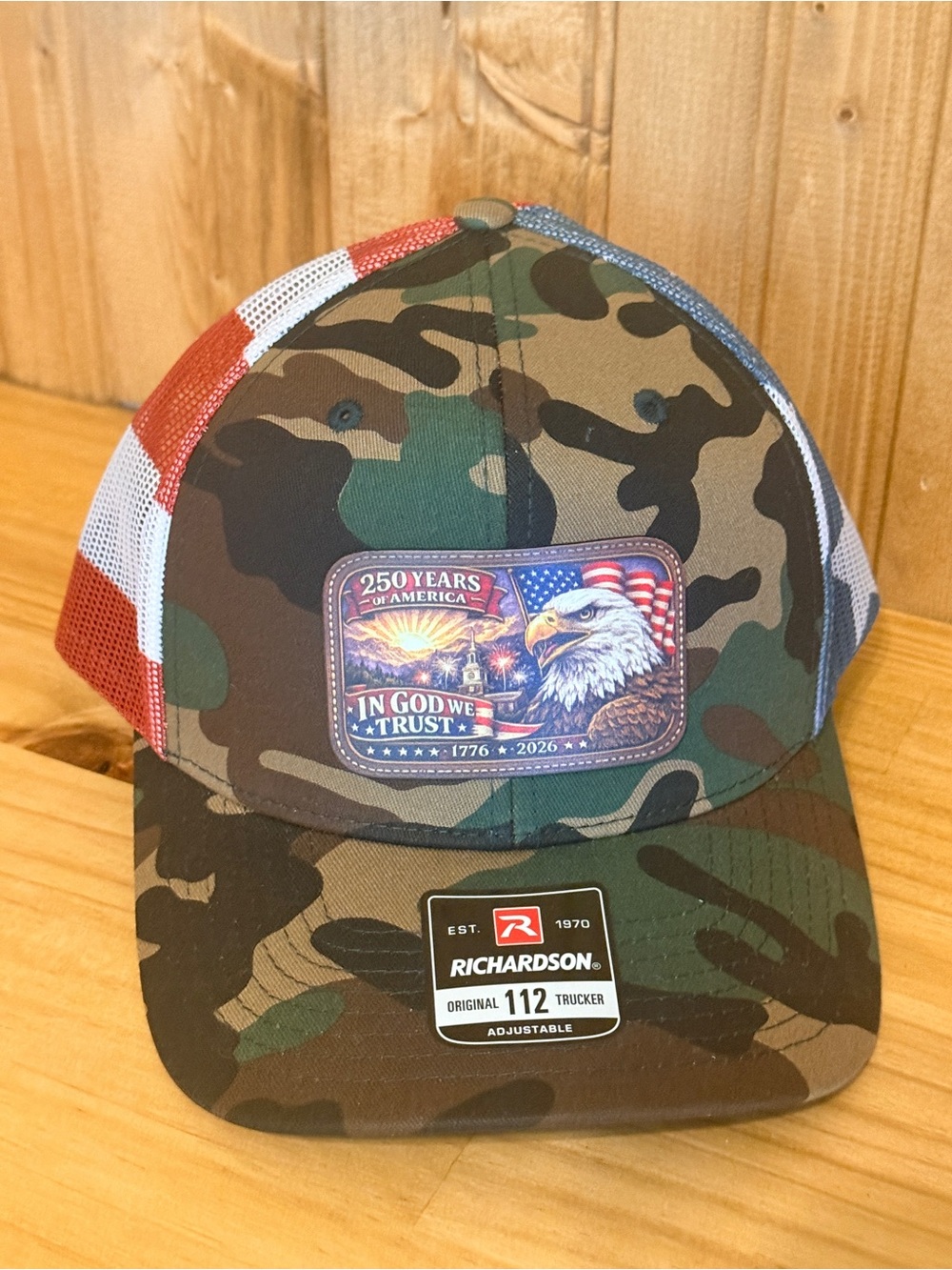 Richardson Camouflage Trucker Hat with Patriotic Eagle Patch - Camo